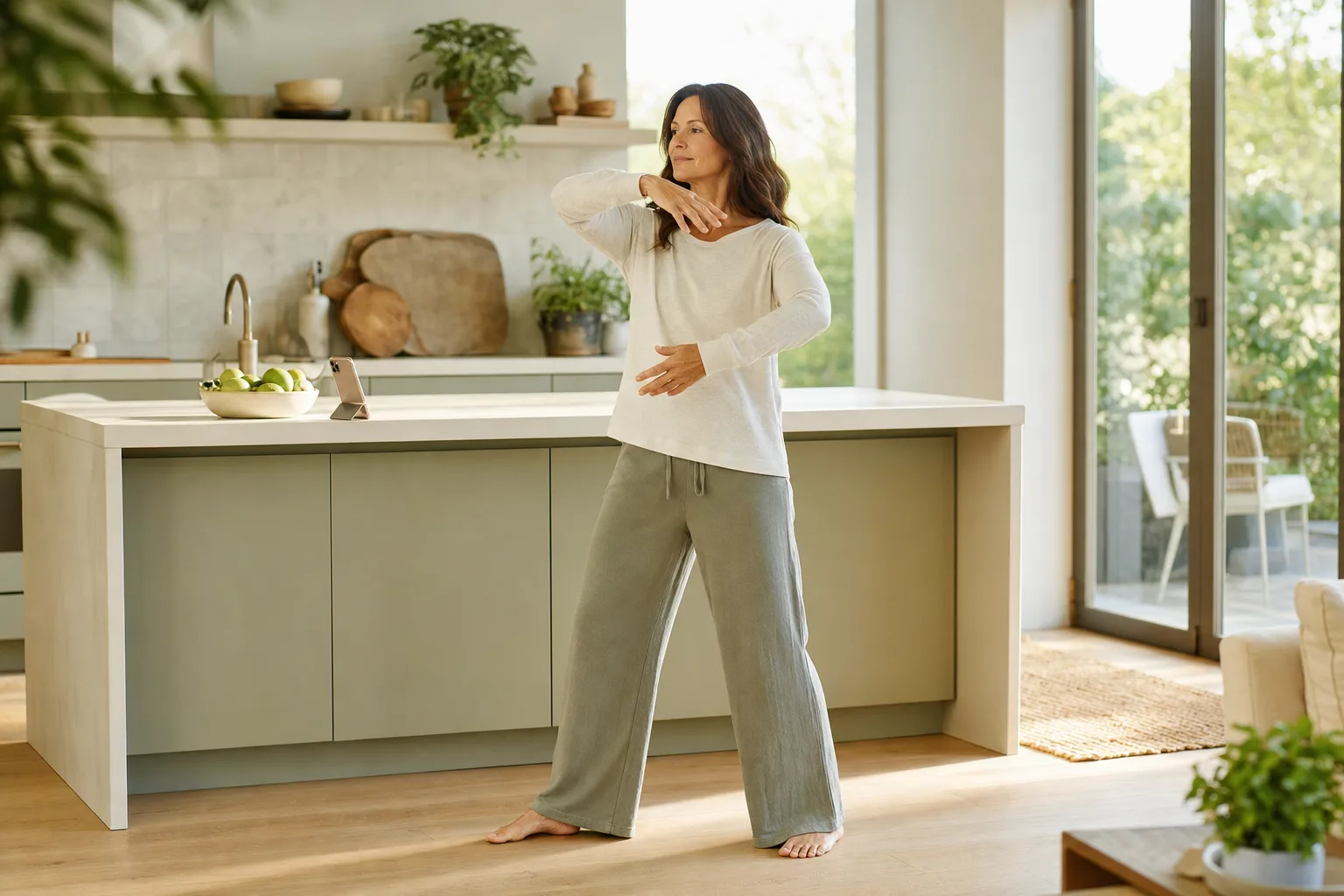 Woman following a gentle standing movement routine from her phone in a bright kitchen.